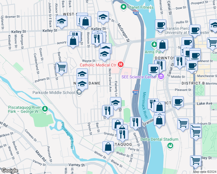 map of restaurants, bars, coffee shops, grocery stores, and more near 157 Notre Dame Avenue in Manchester