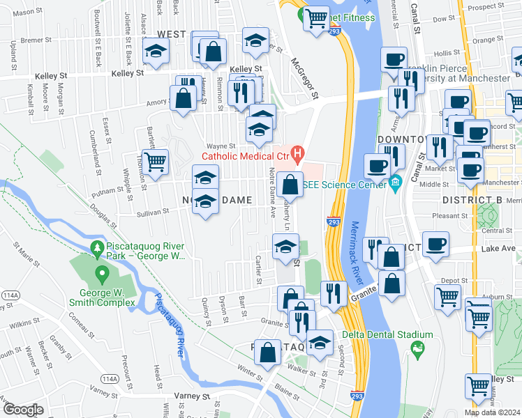map of restaurants, bars, coffee shops, grocery stores, and more near 150 Cartier Street in Manchester