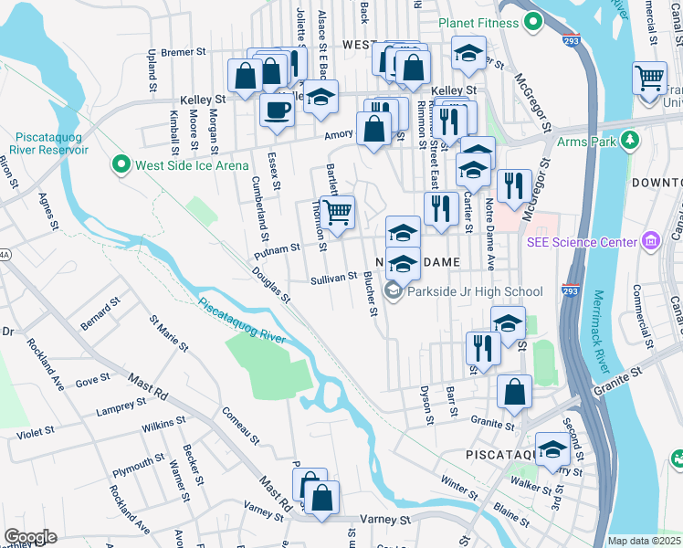 map of restaurants, bars, coffee shops, grocery stores, and more near 230 Bartlett Street in Manchester