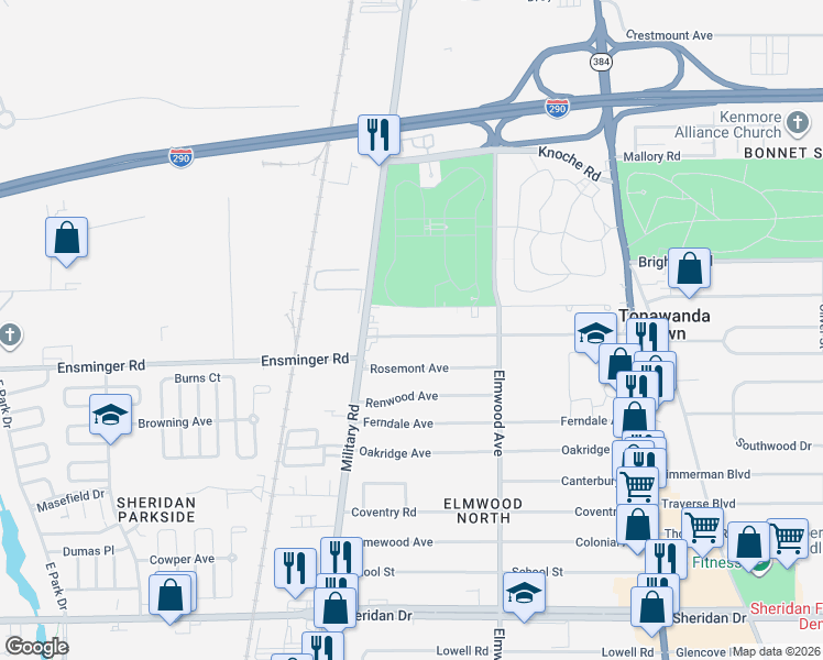 map of restaurants, bars, coffee shops, grocery stores, and more near 226 Waverly Avenue in Buffalo