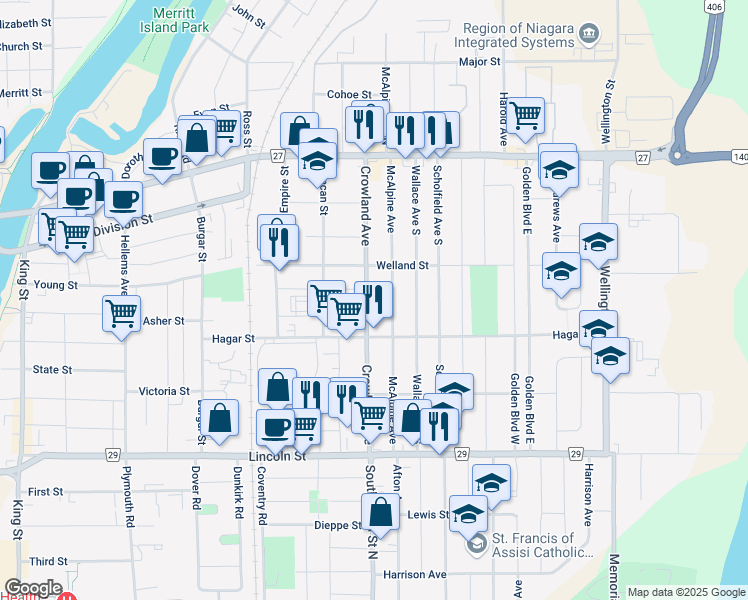 map of restaurants, bars, coffee shops, grocery stores, and more near 202 Crowland Avenue in Welland