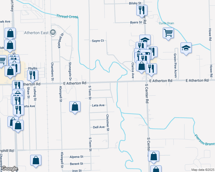 map of restaurants, bars, coffee shops, grocery stores, and more near 3358 Buckingham Avenue in Burton