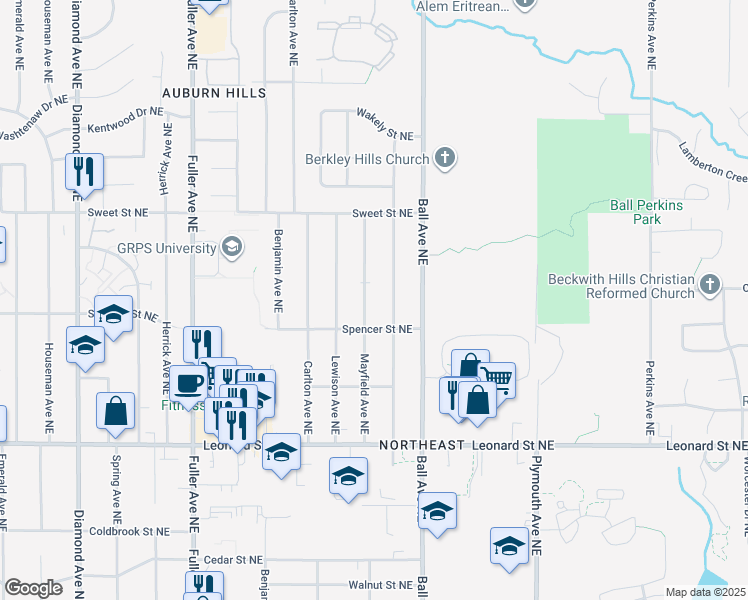 map of restaurants, bars, coffee shops, grocery stores, and more near 1511 Spencer Street Northeast in Grand Rapids