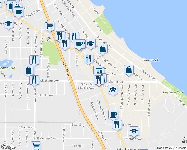 map of restaurants, bars, coffee shops, grocery stores, and more near 1932 East Oklahoma Avenue in Milwaukee