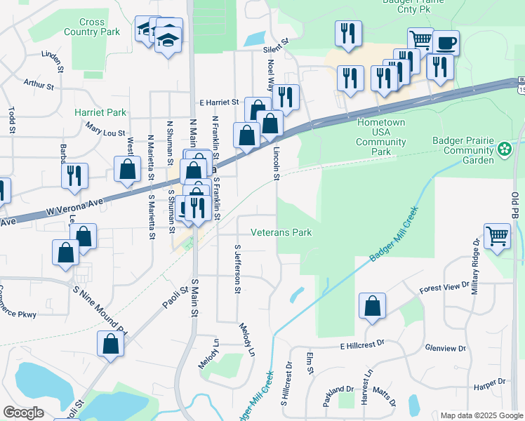 map of restaurants, bars, coffee shops, grocery stores, and more near 324 William Circle in Verona