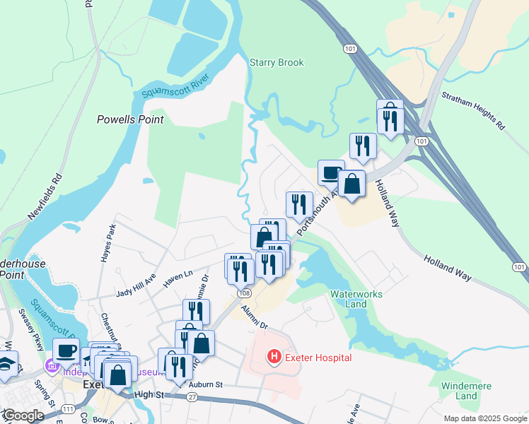 map of restaurants, bars, coffee shops, grocery stores, and more near 24 Downing Court in Exeter