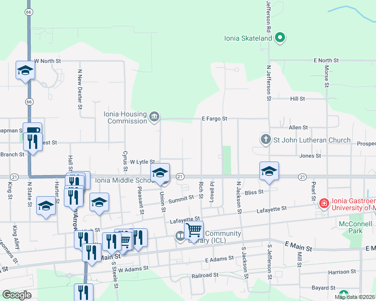 map of restaurants, bars, coffee shops, grocery stores, and more near 138 East Lytle Street in Ionia