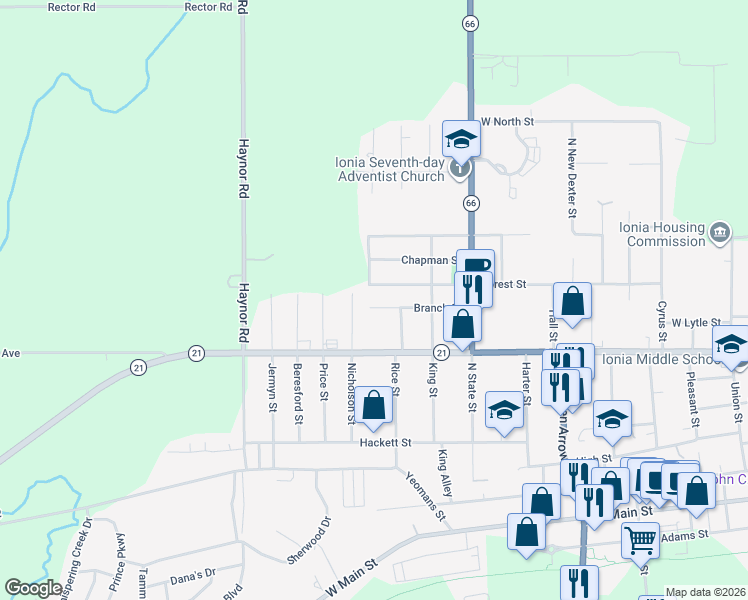 map of restaurants, bars, coffee shops, grocery stores, and more near 927 Branch Street in Ionia