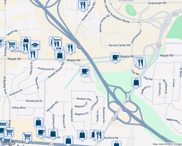 map of restaurants, bars, coffee shops, grocery stores, and more near 100 Corporate Parkway in Buffalo