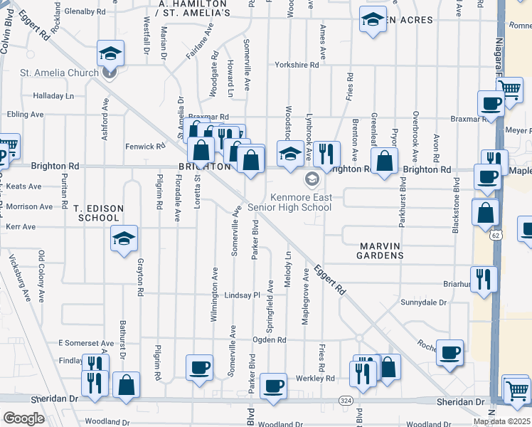 map of restaurants, bars, coffee shops, grocery stores, and more near 2683 Eggert Road in Tonawanda