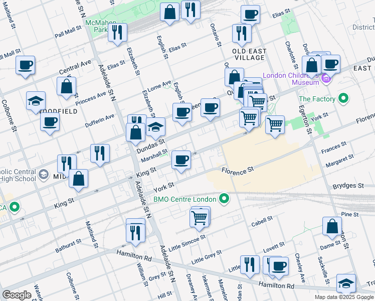 map of restaurants, bars, coffee shops, grocery stores, and more near 700 King Street in London