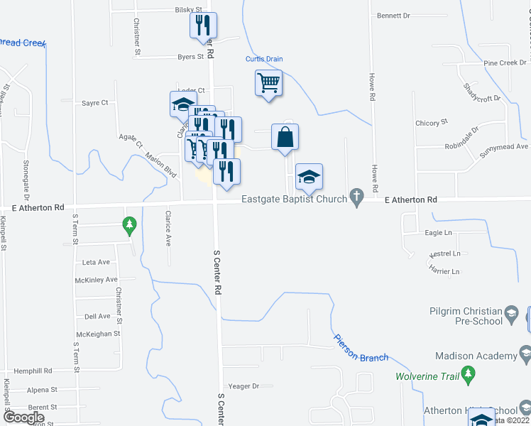 map of restaurants, bars, coffee shops, grocery stores, and more near 4084 E Atherton Rd in Burton