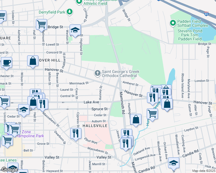map of restaurants, bars, coffee shops, grocery stores, and more near 689 Hanover Street in Manchester