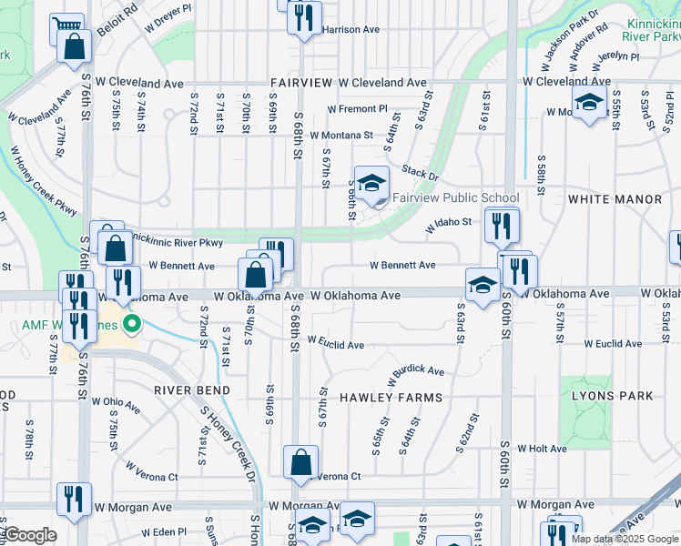 map of restaurants, bars, coffee shops, grocery stores, and more near 6632 West Oklahoma Avenue in Milwaukee