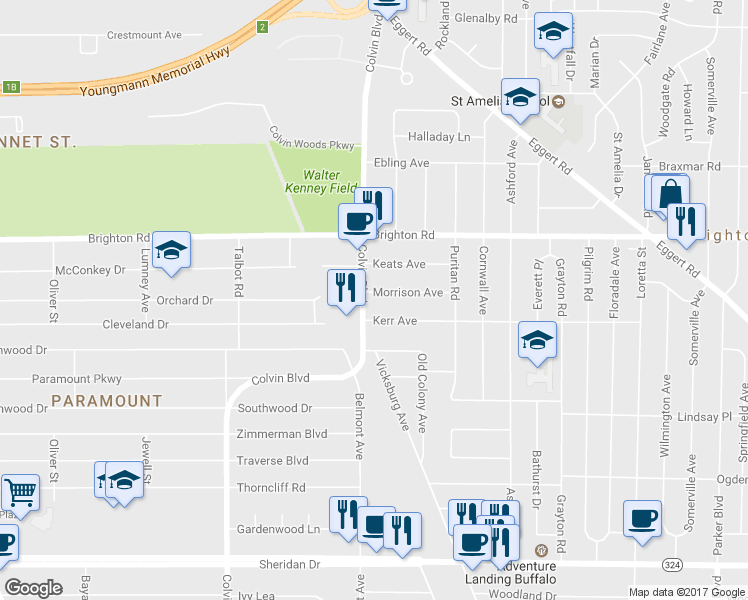 map of restaurants, bars, coffee shops, grocery stores, and more near 1883 Colvin Boulevard in Tonawanda
