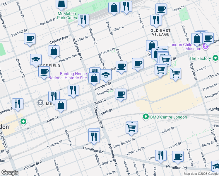 map of restaurants, bars, coffee shops, grocery stores, and more near 389 Lyle Street in London