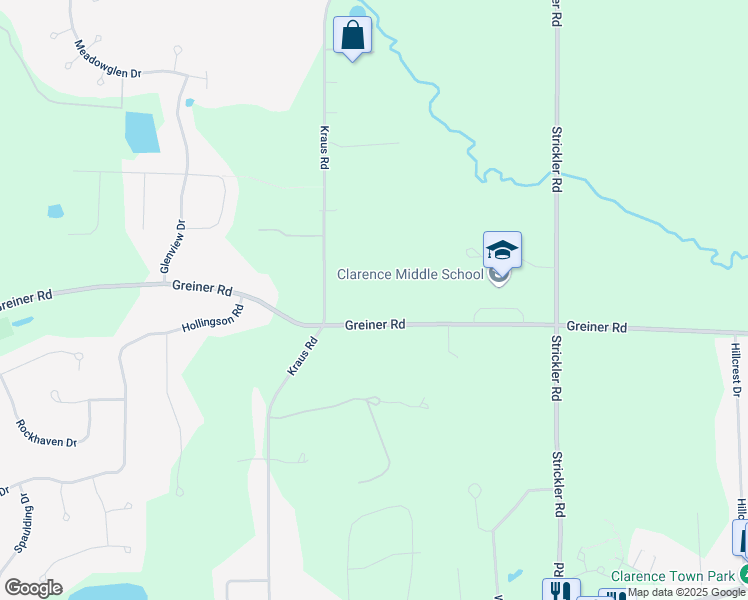 map of restaurants, bars, coffee shops, grocery stores, and more near 10050 Greiner Road in Clarence