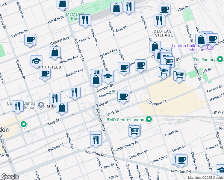 map of restaurants, bars, coffee shops, grocery stores, and more near in London