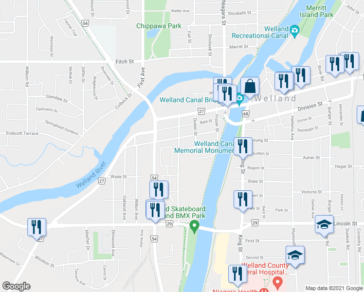 map of restaurants, bars, coffee shops, grocery stores, and more near 168 Denistoun Street in Welland