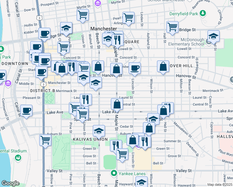 map of restaurants, bars, coffee shops, grocery stores, and more near 213 Laurel Street in Manchester