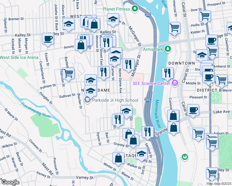 map of restaurants, bars, coffee shops, grocery stores, and more near 150 Cartier Street in Manchester