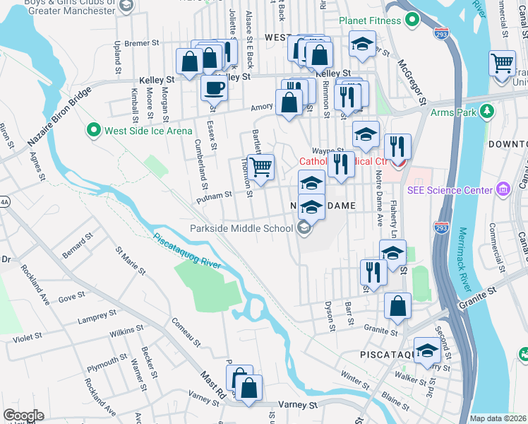 map of restaurants, bars, coffee shops, grocery stores, and more near 230 Bartlett Street in Manchester