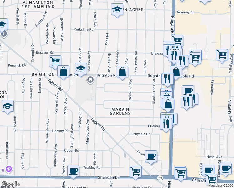 map of restaurants, bars, coffee shops, grocery stores, and more near 121 Calvin Court North in Tonawanda