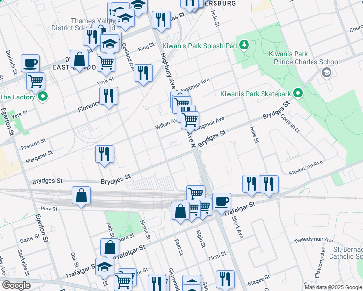 map of restaurants, bars, coffee shops, grocery stores, and more near 1285 Gramercy Park Place in London