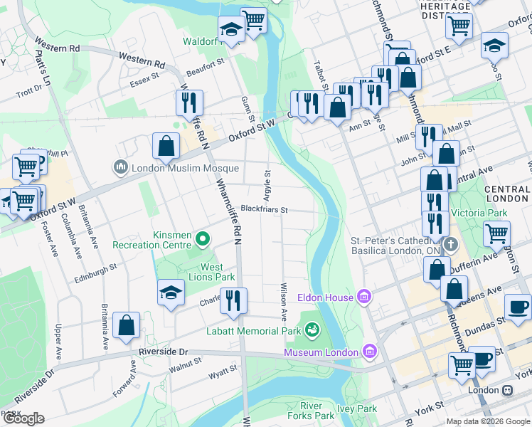 map of restaurants, bars, coffee shops, grocery stores, and more near 144 Wilson Avenue in London