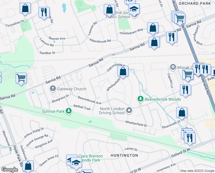 map of restaurants, bars, coffee shops, grocery stores, and more near 1303 Whetherfield Street in London