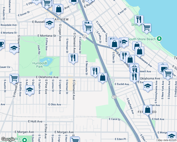 map of restaurants, bars, coffee shops, grocery stores, and more near 1426 East Oklahoma Avenue in Milwaukee