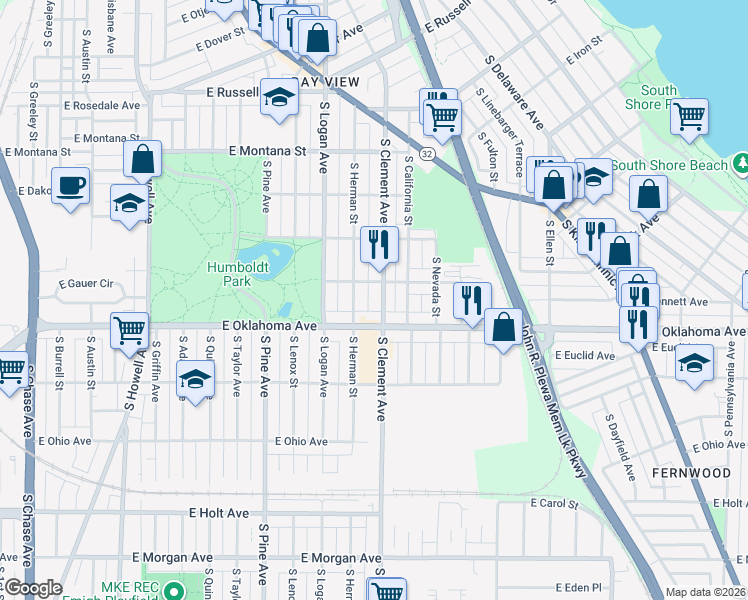 map of restaurants, bars, coffee shops, grocery stores, and more near 1208 East Oklahoma Avenue in Milwaukee