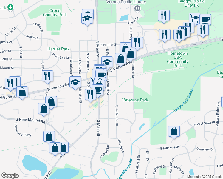 map of restaurants, bars, coffee shops, grocery stores, and more near 101 Railroad Street in Verona