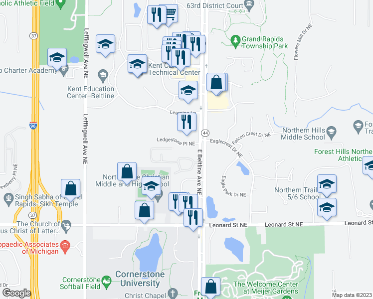 map of restaurants, bars, coffee shops, grocery stores, and more near 1471 East Beltline Avenue Northeast in Grand Rapids