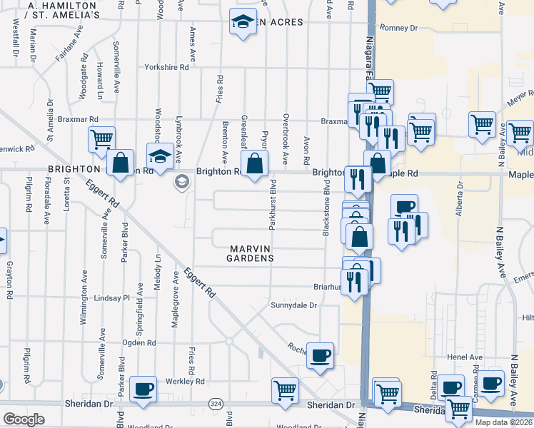 map of restaurants, bars, coffee shops, grocery stores, and more near 121 Calvin Court North in Tonawanda