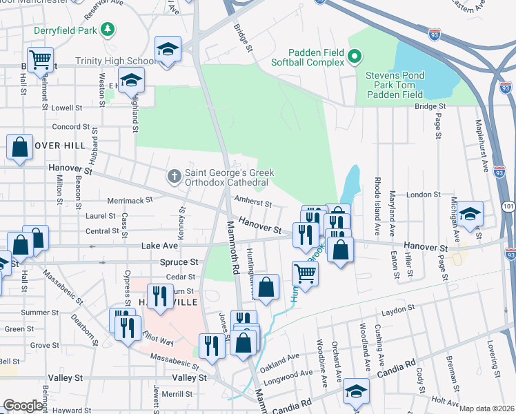 map of restaurants, bars, coffee shops, grocery stores, and more near 772 Hanover Street in Manchester