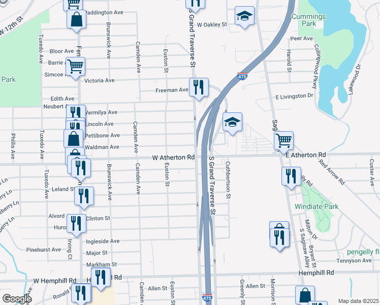 map of restaurants, bars, coffee shops, grocery stores, and more near 602 West Atherton Road in Flint