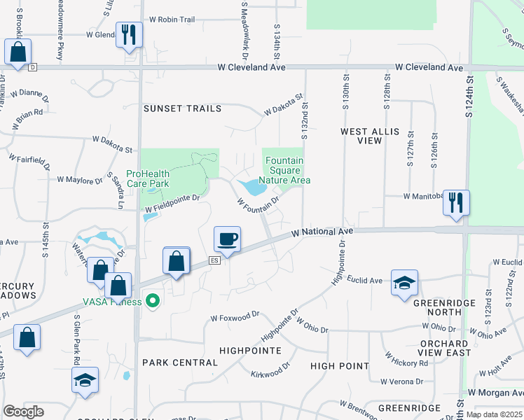 map of restaurants, bars, coffee shops, grocery stores, and more near West Fountain Drive in New Berlin