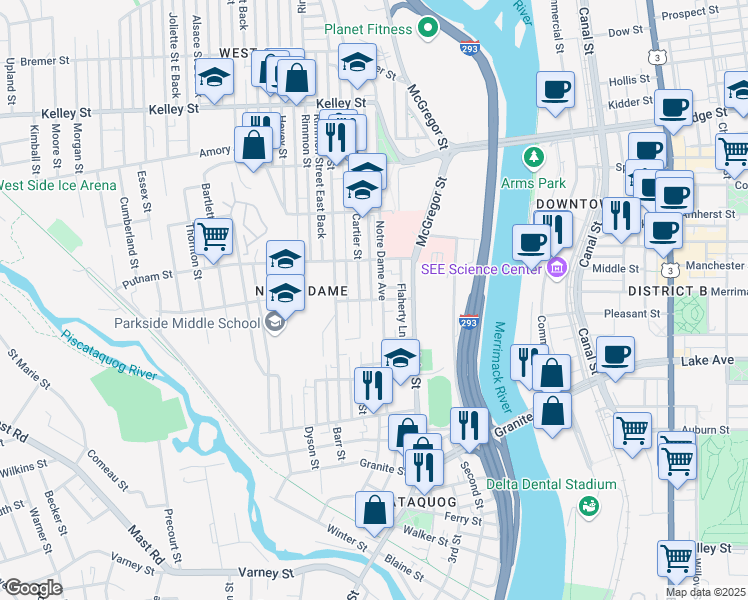 map of restaurants, bars, coffee shops, grocery stores, and more near 63 Sullivan Street in Manchester