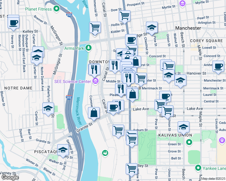 map of restaurants, bars, coffee shops, grocery stores, and more near 95 Pleasant Street in Manchester