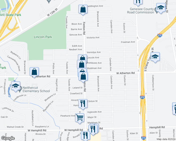map of restaurants, bars, coffee shops, grocery stores, and more near 3717 Fenton Road in Flint