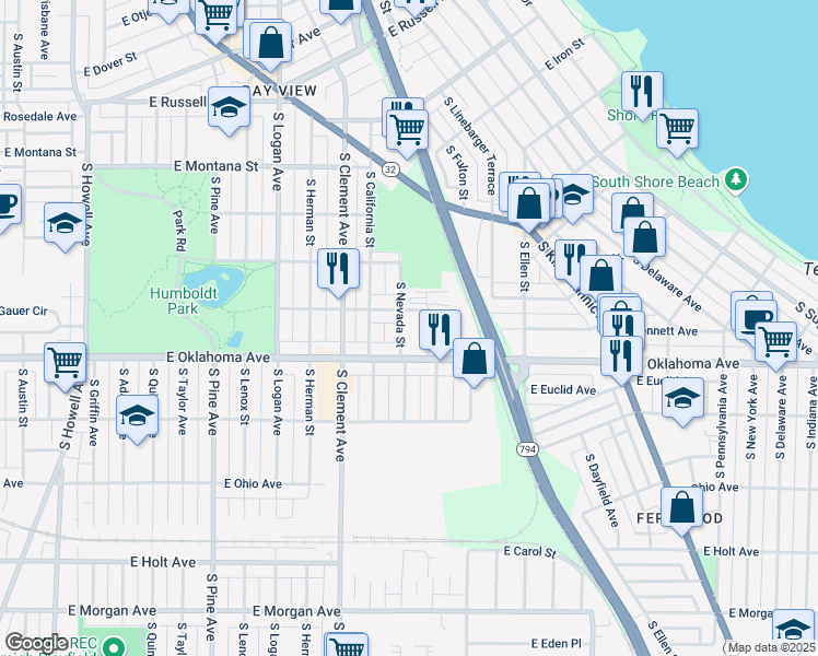map of restaurants, bars, coffee shops, grocery stores, and more near 1426 East Oklahoma Avenue in Milwaukee