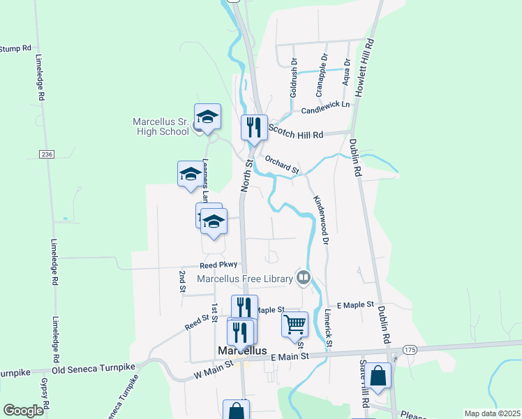 map of restaurants, bars, coffee shops, grocery stores, and more near 3 Austindale Avenue in Marcellus