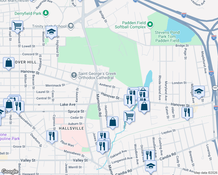 map of restaurants, bars, coffee shops, grocery stores, and more near 772 Hanover Street in Manchester