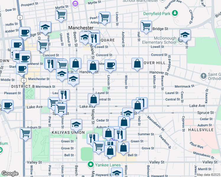 map of restaurants, bars, coffee shops, grocery stores, and more near 353 Merrimack Street in Manchester