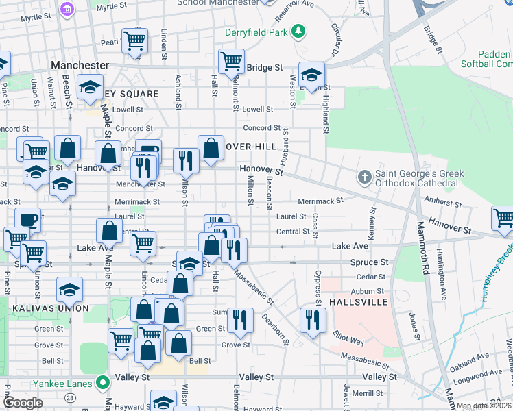 map of restaurants, bars, coffee shops, grocery stores, and more near 391 Laurel Street in Manchester