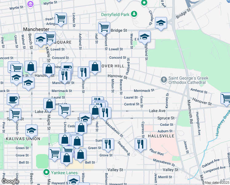 map of restaurants, bars, coffee shops, grocery stores, and more near 391 Laurel Street in Manchester