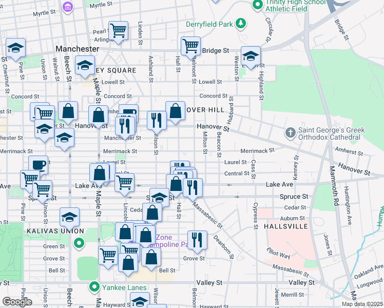 map of restaurants, bars, coffee shops, grocery stores, and more near 477 Belmont Street in Manchester