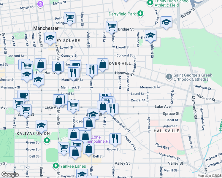 map of restaurants, bars, coffee shops, grocery stores, and more near 477 Belmont Street in Manchester