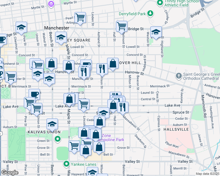 map of restaurants, bars, coffee shops, grocery stores, and more near 335 Laurel Street in Manchester